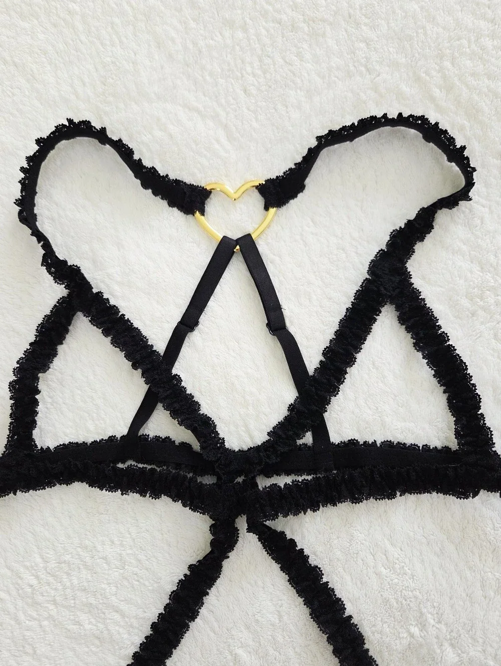Adore Me ✨️ Women's Black Lace Strappy Bra and Panty Set with Gold Accent Size L